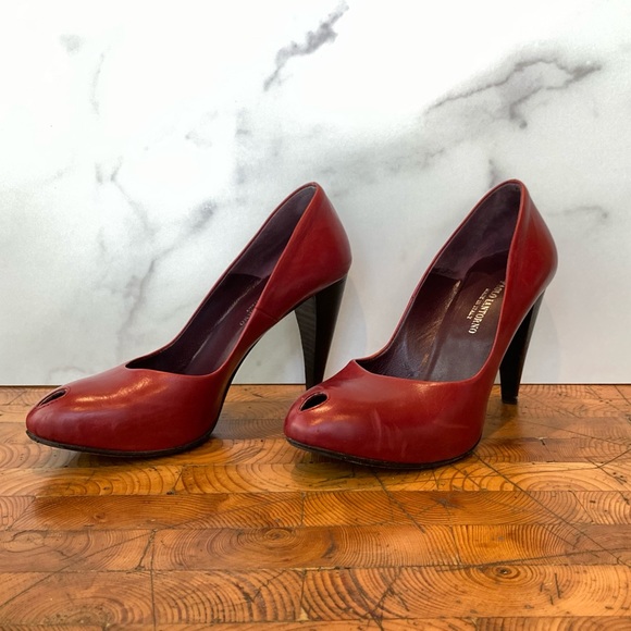 Paolo Red Leather Peep Toe Pumps Heels 38 8 - Picture 2 of 10